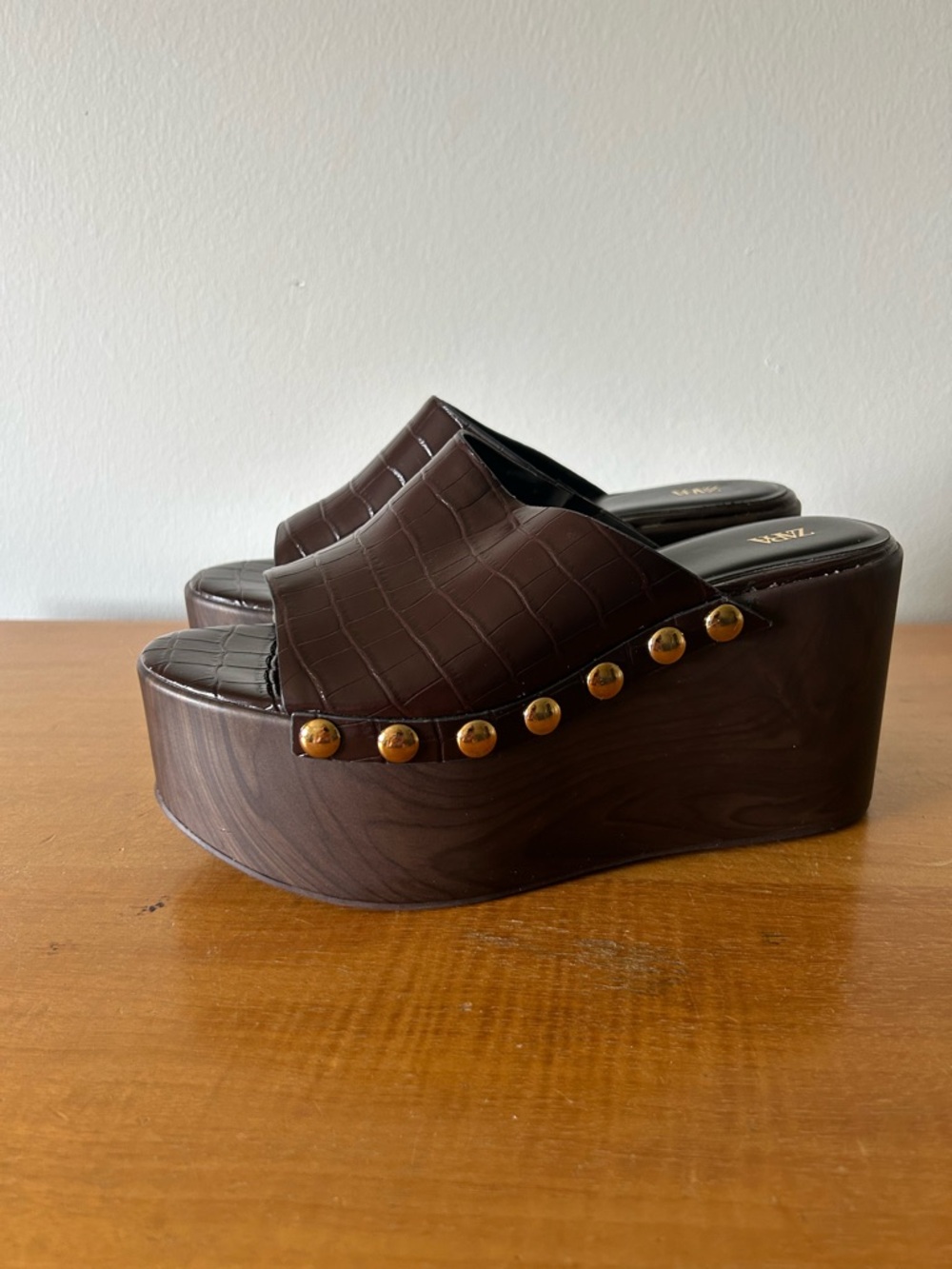 Zara Dark Chocolate Brown Textured Wedge Studded Platform Mules Size 7 EU 37